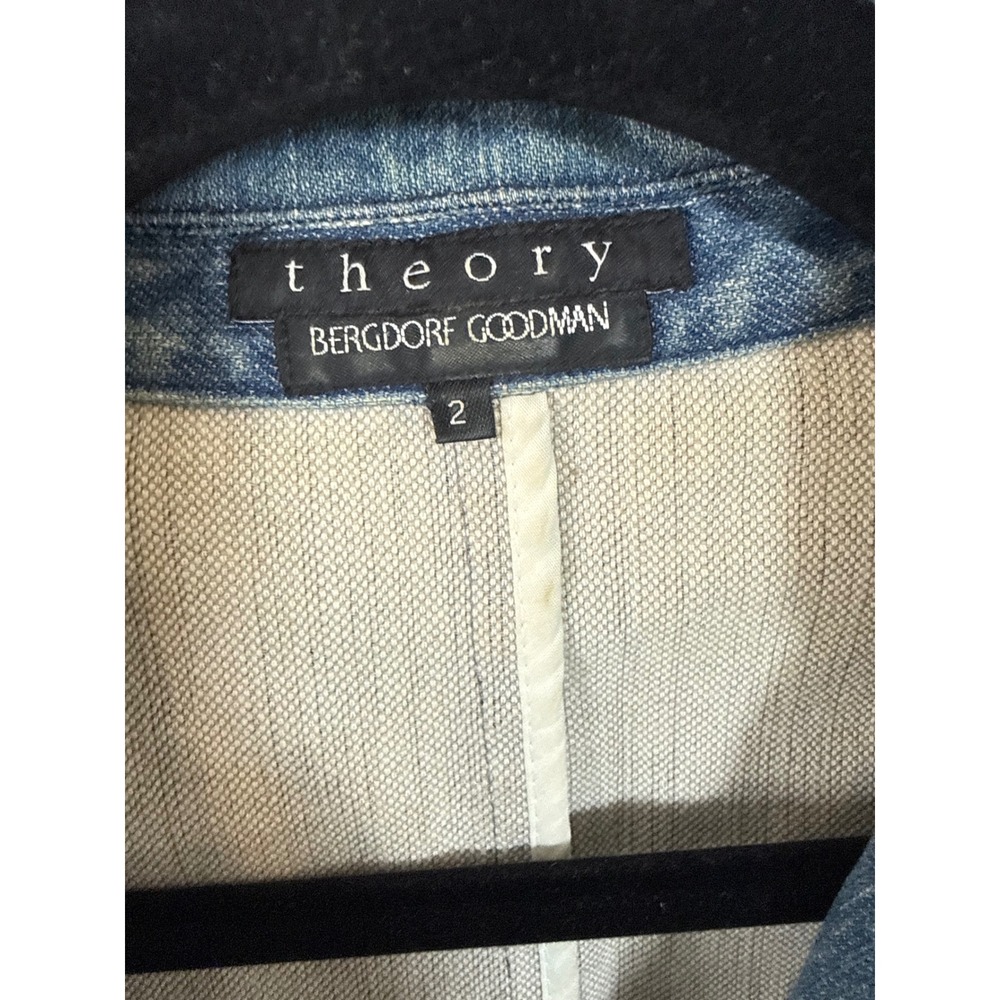 Theory Denim Blazer Jacket Blue Wash Tailored Button Front Pockets Size 2 - Picture 3 of 8